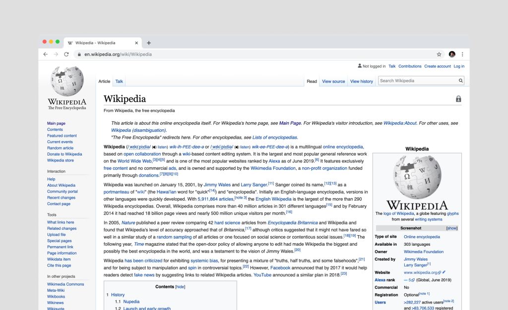 A web browser is open to the Wikipedia page for the information about Wikipedia.